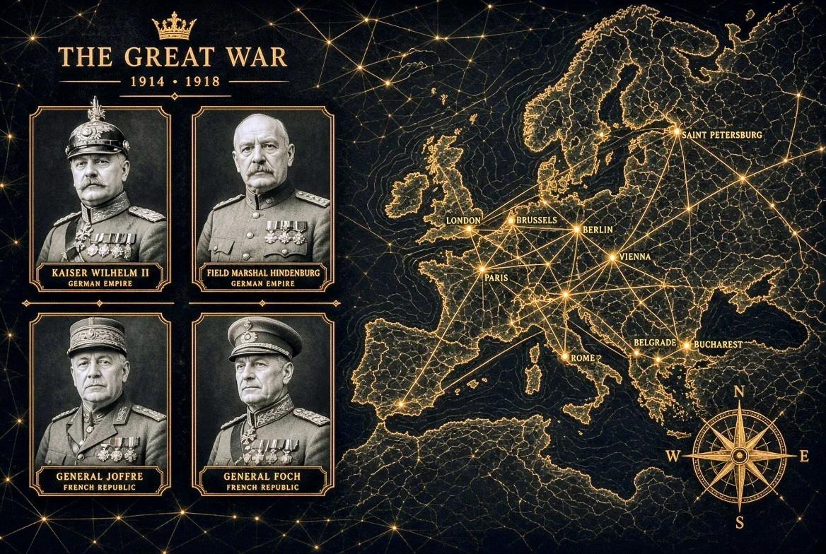 The Great War 1914–1918 – portraits of Kaiser Wilhelm II, Hindenburg, Joffre and Foch beside a map of Europe