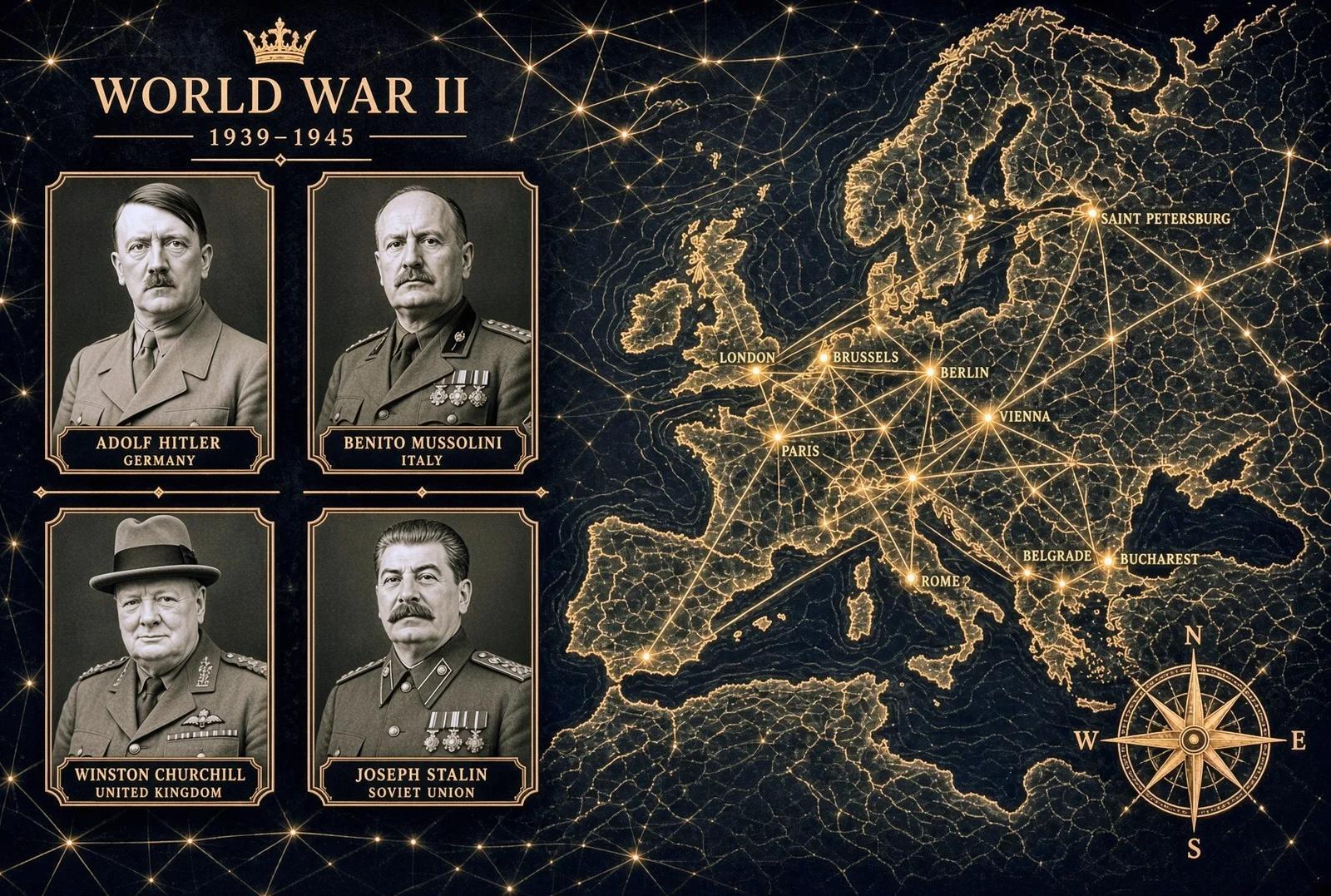 World War II 1939–1945 – portraits of Hitler, Mussolini, Churchill and Stalin beside a map of Europe